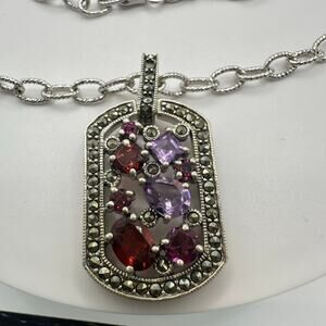 Thailand 925 sterling silver genuine garnet amethyst marcasite pendant necklace